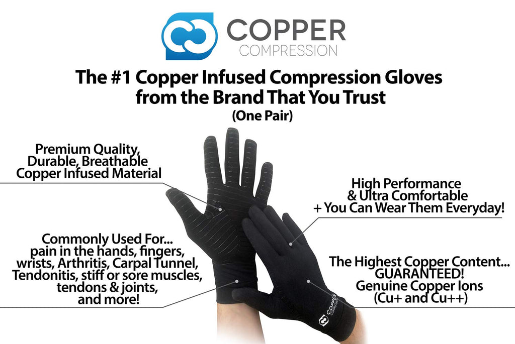 Copper Compression Full Finger Arthritis Gloves - Palm Grips - Touch Screen  Fingertips - Compression Support for Carpal Tunnel, Pain Relief