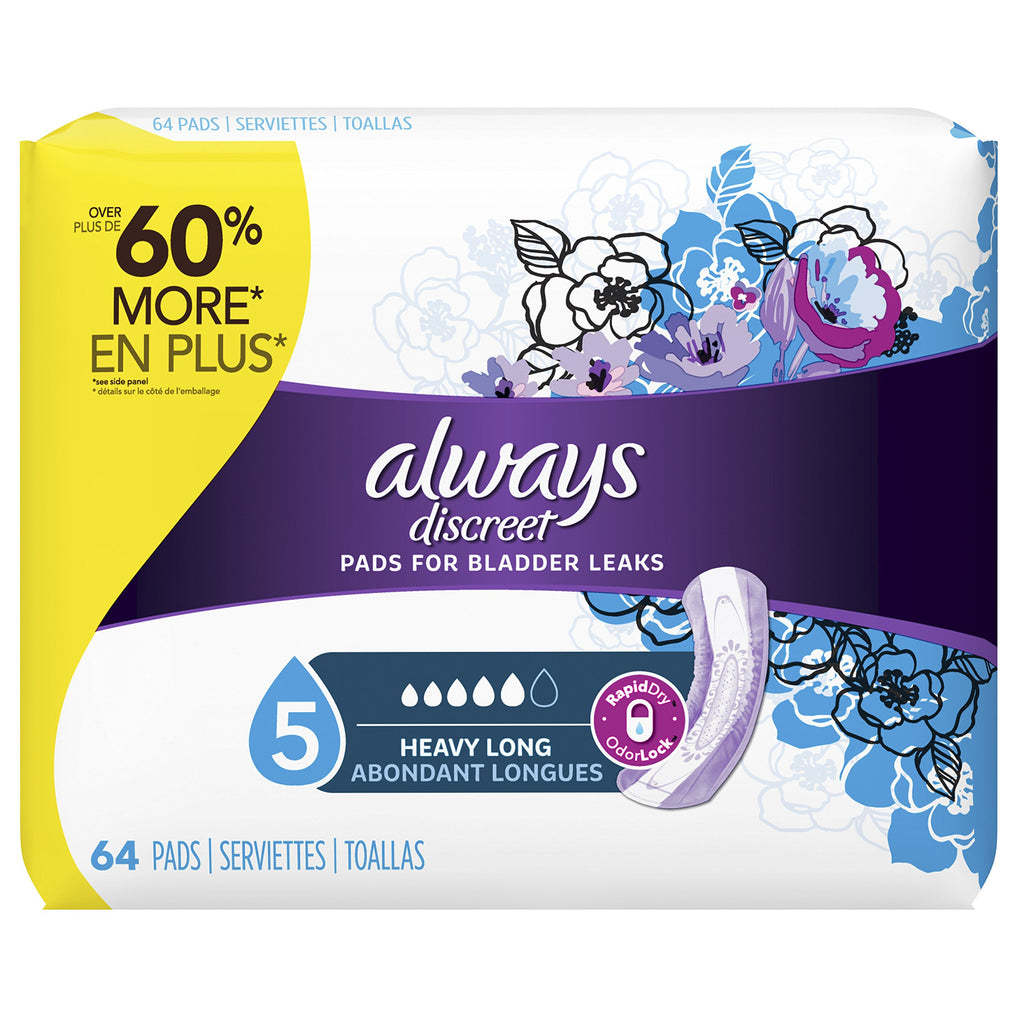 Always Discreet Incontinence Pads - Size 5 - Heavy (5) - Long - 64 Cou –  Direct FSA