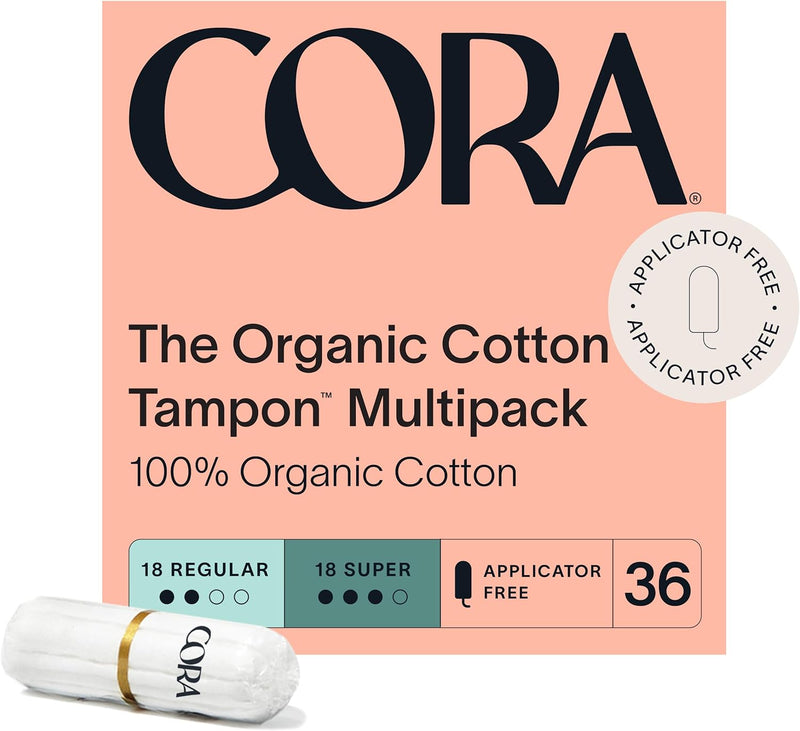 Cora Organic Cotton Non-Applicator Tampons - 2 Pack - 18 Regular, 18 Super