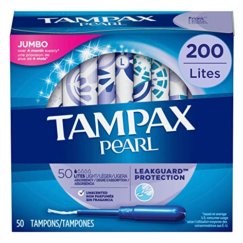 Tampax Pearl Tampons with Plastic Applicator, 200 Count, Lite