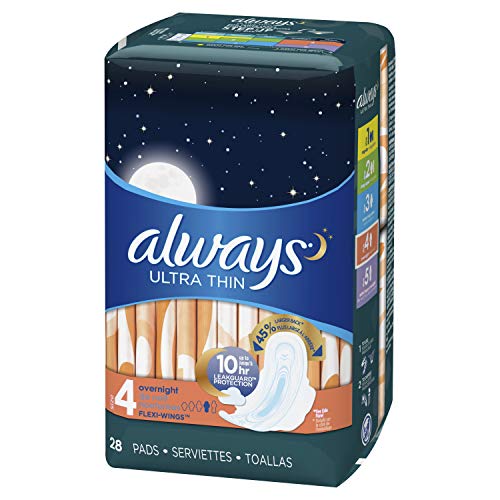 Always Ultra Thin Overnight Pads with wings - Size 4 - 28 count