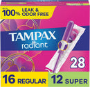 Tampax Radiant Tampons Multipack With Leakguard Braid, Regular/Super Absorbency- 28 count