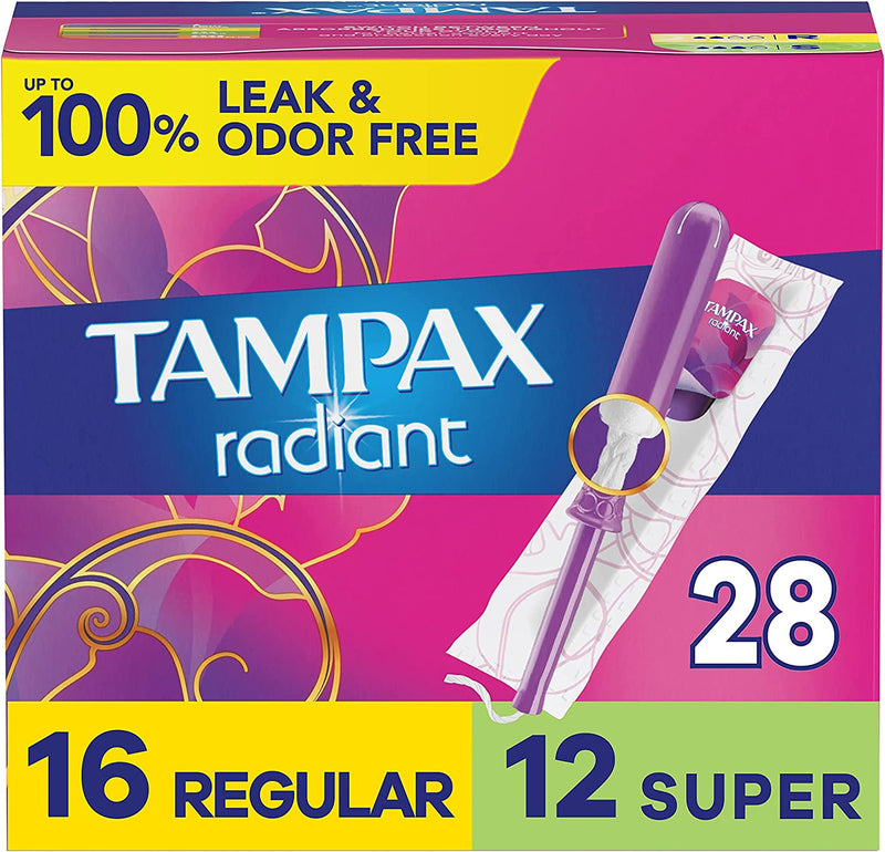 Tampax Radiant Tampons Multipack With Leakguard Braid, Regular/Super Absorbency- 28 count